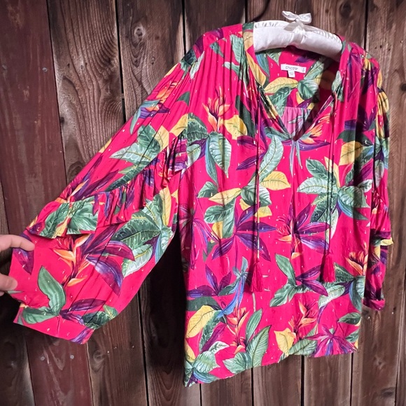 Chico’s Hot Pink Tropical Floral Clip Dot Ruffle Blouse Sparkly V-Neck Sz3/Sz16 - Picture 6 of 13